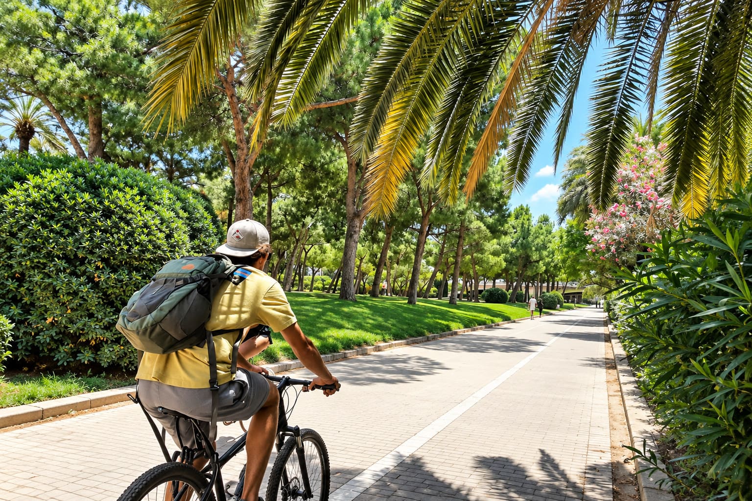 Chico recorriendo el jardín del turia de Valencia en bicicleta