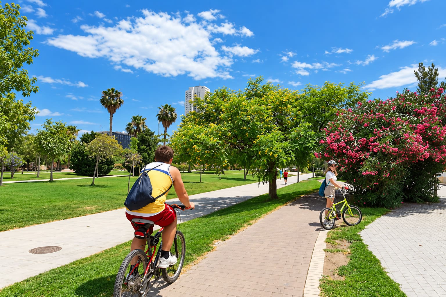 Pareja recorriendo el antiguo cauce del río Turia de Valencia en bicicleta, hoy convertido en un parque