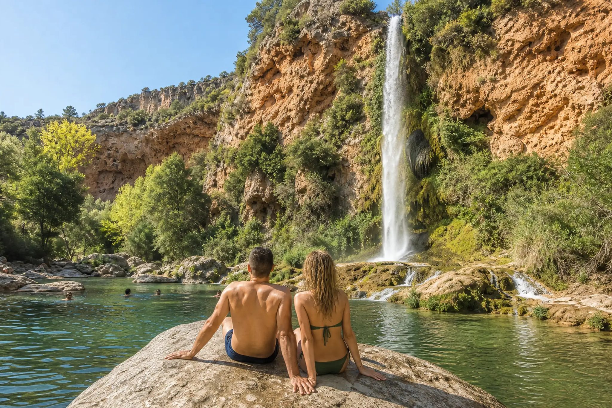 Coppia che ammira la cascata del Salto de la Novia dalla pozza dalle acque turchesi