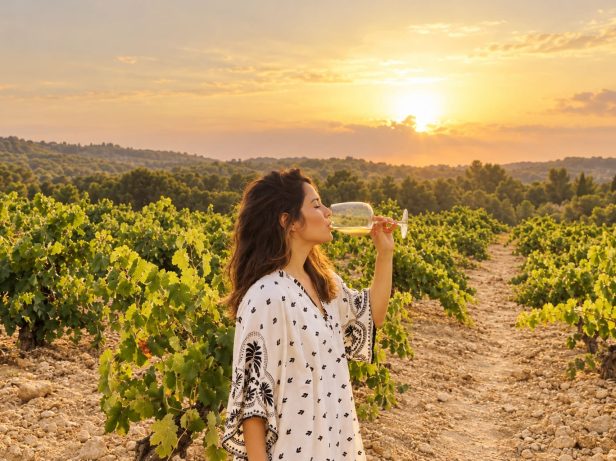 A woman drinking wine at sunset at the NOVOS winery in Utiel-Requena, near Valencia