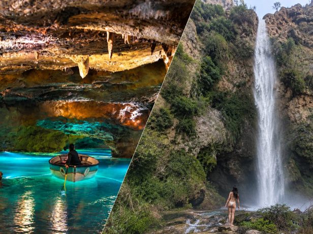 Barca en las Cuevas de San José y cascada del Salto de la Novia